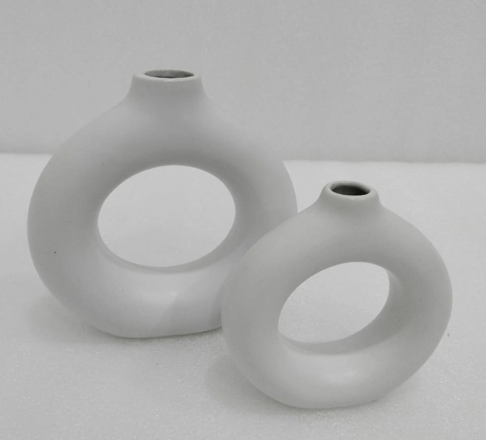 Ceramic Bud Vase Centre Hole Design Med H 13cm, W 12.5cm, Bottom Dept 4.5cm, Top Diameter 2.5cm